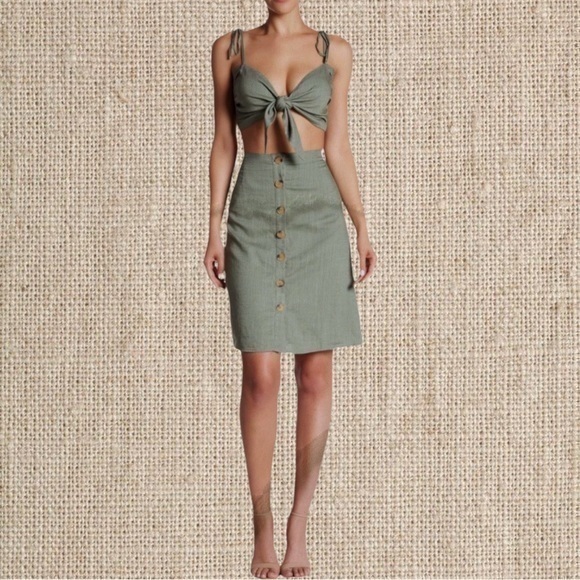 Green linen vacation skirt crop top set - Picture 1 of 1